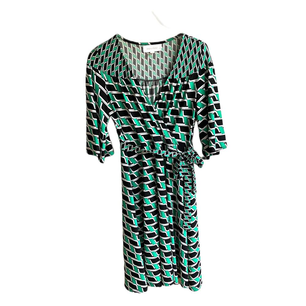 Superfoxx Faux Wrap Jersey Dress Size M Green Geometric Print 3/4 Sleeve Belted